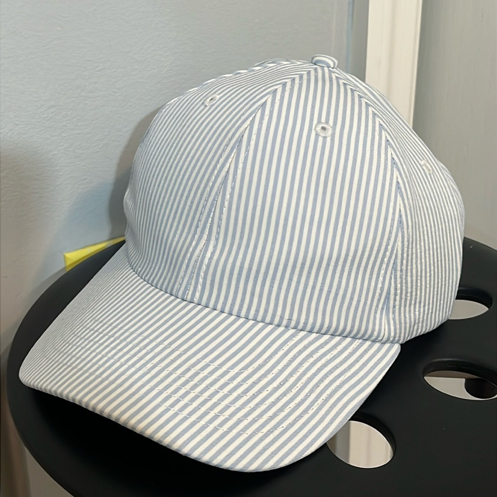NEW Striped Blue/White Seersucker Baseball Cap w/Cherry Print Brim – Adjustable